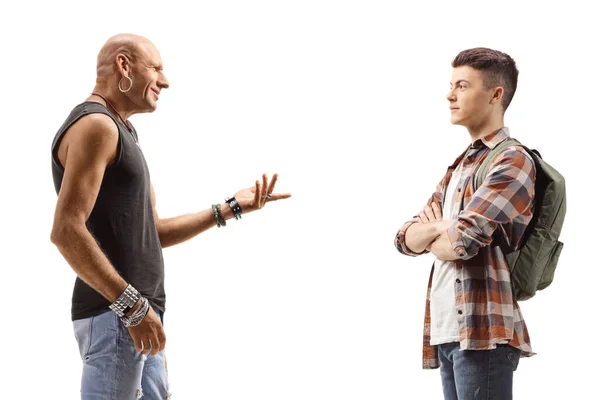 Bald Man Student Having Conversation Isolated White Background —  Fotos de Stock