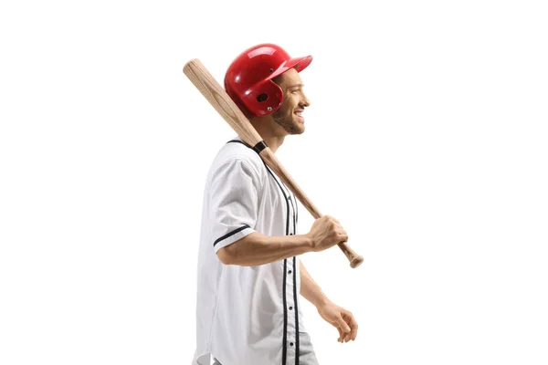 Profile Shot Guy Walking Baseball Bat Helmet Isolated White Background — Stock Photo, Image