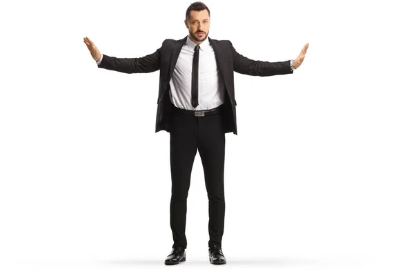 Confident Caucasian Businessman Hands Air Showing Stop Gesture — Stockfoto