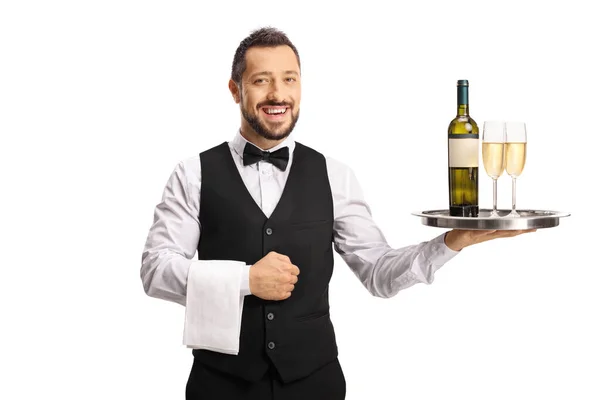 Smiling Waiter Holding Bottle Wine Glasses Tray Isolated White Background — Stock Photo, Image
