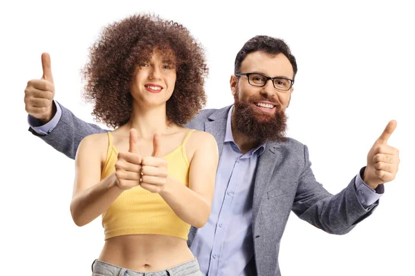 Cheerful Young Woman Afro Hairstyle Man Beard Gesturing Thumbs Isolated —  Fotos de Stock