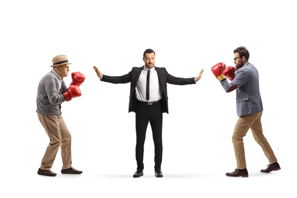 Businessman Standing Elderly Younger Man Fighting Boxing Gloves Isolated White — Zdjęcie stockowe