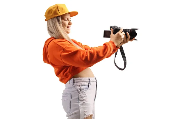 Profile Shot Female Teenager Recording Professional Camera Isolated White Background — Zdjęcie stockowe