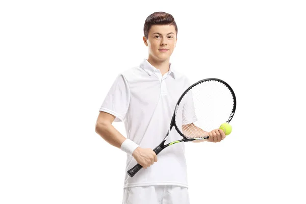 Junger Männlicher Tennisspieler Steht Und Hält Einen Ball Und Einen — Stockfoto