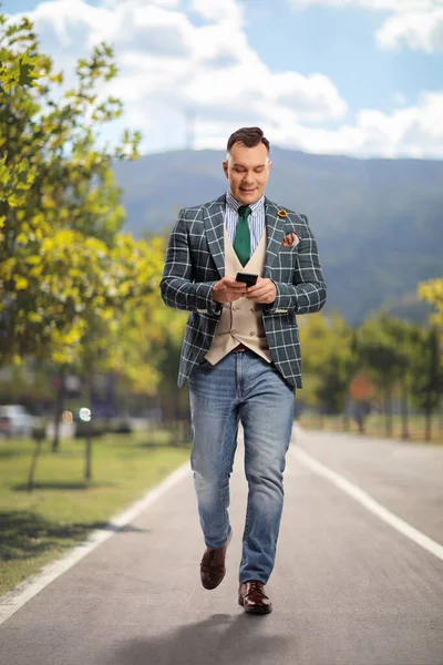 Full Length Portrait Man Stylish Suit Jeans Walking Pedestiran Lane — Stock Photo, Image