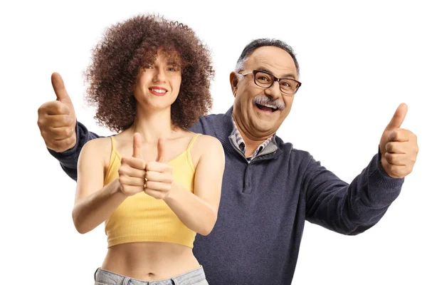 Cheerful Young Woman Afro Hairstyle Mature Man Gesturing Thumbs Isolated — Stockfoto