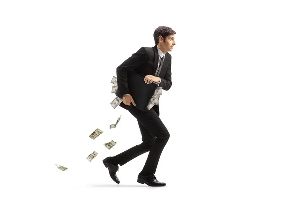 Full Length Profile Shot Businessman Running Holding Briefcase Full Money — 图库照片