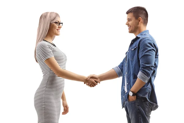 Profile Shot Blond Woman Shaking Hand Casual Young Man Isolated — Photo