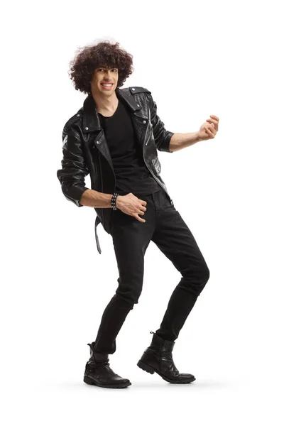 Cheerful Young Man Leather Jacket Pretending Play Guitar Isolated White — Fotografia de Stock