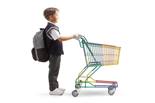 Full Length Profile Shot Schoolboy Uniform Small Empty Shopping Cart — Photo