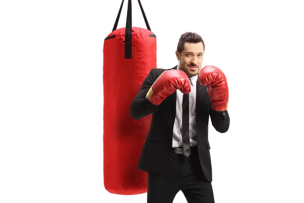Businessman Boxing Gloves Standing Front Punching Bag Isolated White Background — Stok fotoğraf