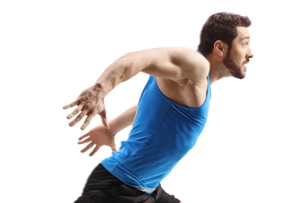 Fit Strong Muscular Man Running Fast Isolated White Background — 图库照片