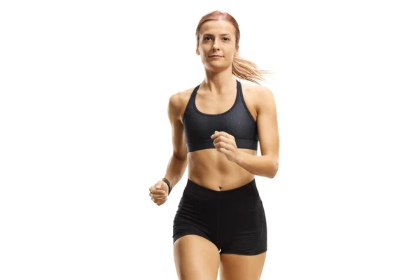 Vrouwelijke Atleet Hardloopoutfit Joggen Naar Camera Geïsoleerd Witte Achtergrond — Stockfoto