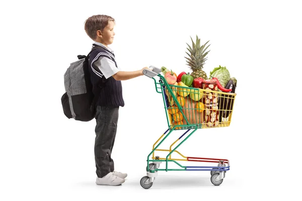 Full Length Profile Shot Schoolboy Uniform Small Shopping Cart Full — Stock Fotó