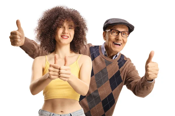 Mujer Joven Feliz Con Peinado Afro Hombre Mayor Haciendo Gestos — Foto de Stock