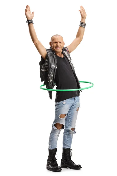 Full Length Portrait Happy Punk Spinning Hula Hoop Isolated White — Stok fotoğraf