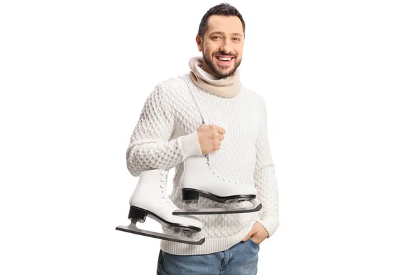 Guy Carrying Ice Skates His Shoulder Smiling Isolated White Background — Stockfoto