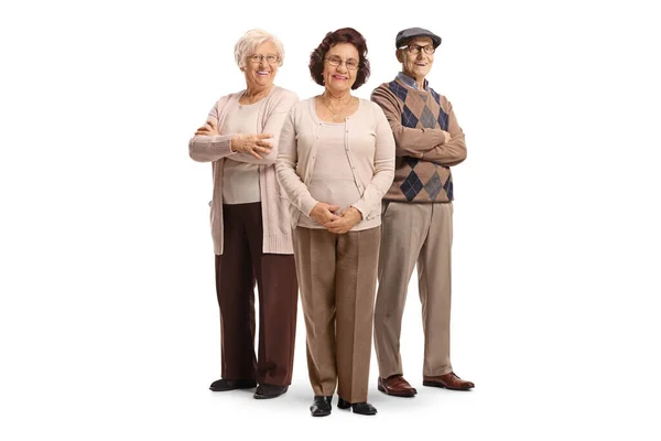 Grupo Idosos Sorrindo Posando Isolados Fundo Branco — Fotografia de Stock