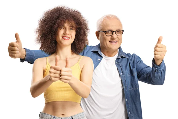 Happy Young Woman Afro Hairstyle Mature Man Her Gesturing Thumbs — ストック写真