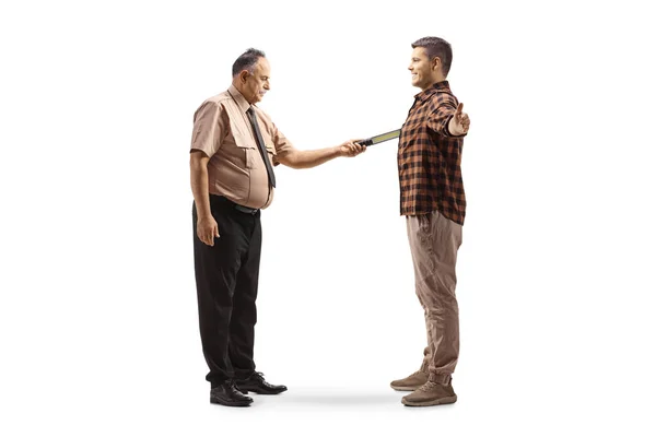 Full Length Profile Shot Mature Security Guard Checking Man Security — Stock Photo, Image