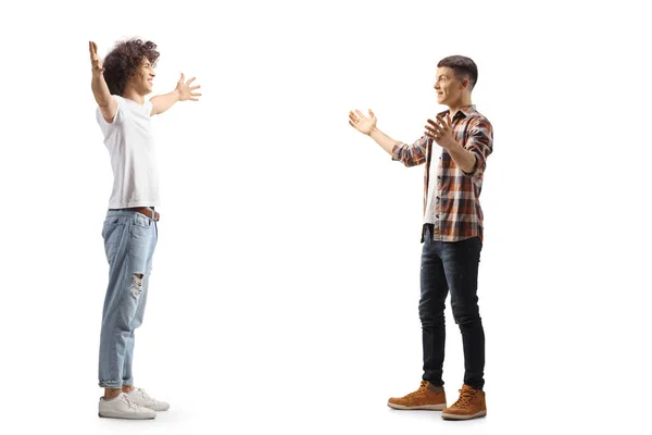 Two Happy Guys Meeting Each Other Isolated White Background — 스톡 사진