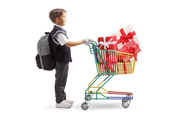 Full Length Profile Shot Schoolboy Uniform Small Shopping Cart Full — Foto Stock