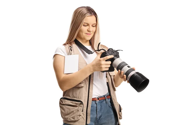 Young Female Photo Journalist Checking Images Professional Camera Isolated White — ストック写真