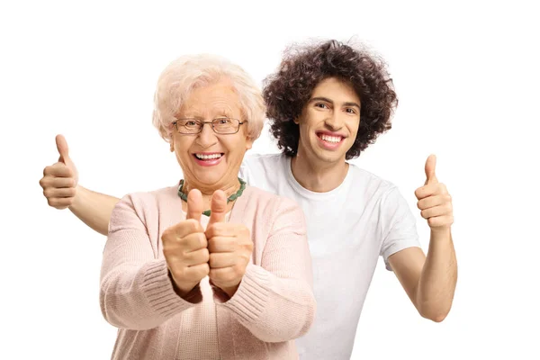 Happy Guy Standing Elderly Woman Gesturing Thumbs Isolated White Background — Fotografia de Stock