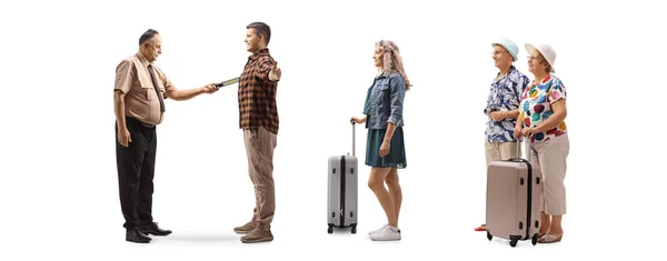 Full Length Profile Shot Security Guard Checking Passengers Scanner Isolated — Stock Photo, Image