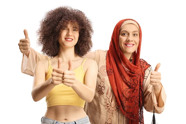 Two Young Women Different Ethnicity Showing Thumbs Isolated White Background — Stockfoto