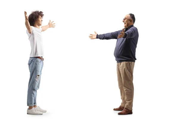 Happy Young Man Meeting Mature Man Isolated White Background — Zdjęcie stockowe