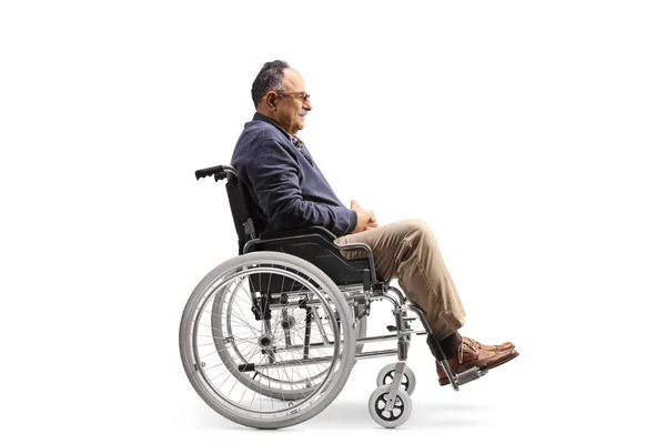 Full Length Profile Shot Mature Man Sitting Wheelchair Isolated White — Fotografia de Stock