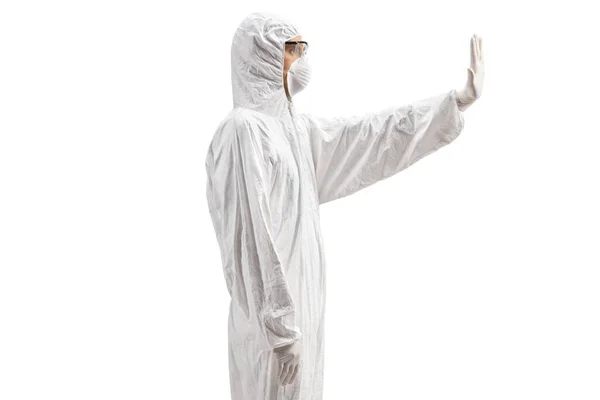 Profile Shot Man White Decontamination Suit Gesturing Stop Isolated White — Zdjęcie stockowe