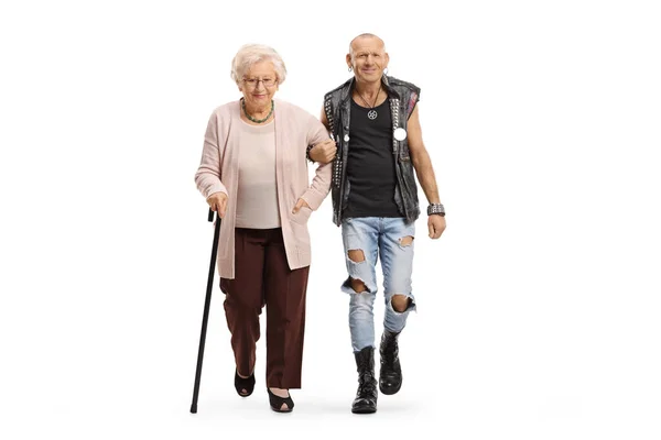 Punk Man Helping Senior Woman Walking Cane Isolated White Background — Stok fotoğraf