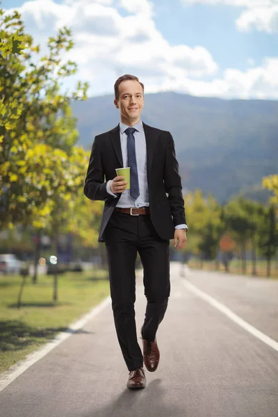 Full Length Portrait Businessman Walking Camera Cup Takeaway Coffee Pedestrian — Foto de Stock