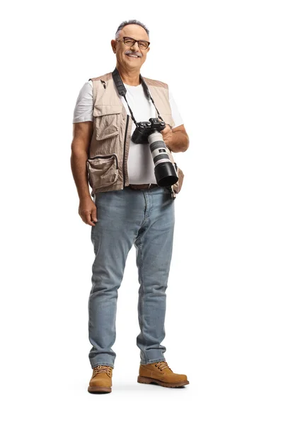 Full Length Portrait Mature Male Photo Journalist Holding Professional Camera — ストック写真