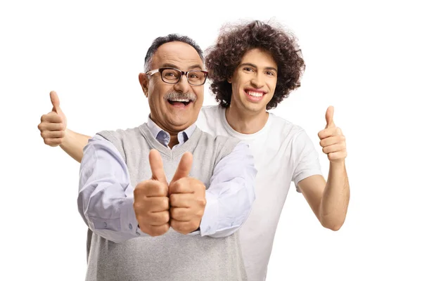 Happy Guy Standing Mature Man Gesturing Thumbs Isolated White Background — Stok Foto