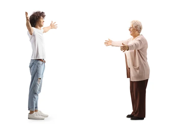 Happy Young Man Meeting Elderly Woman Arms Wide Open Isolated — Photo