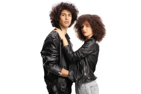 Young Couple Leather Jackets Hugging Each Other Looking Camera Isolated — ストック写真
