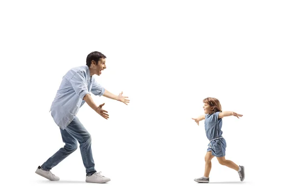 Vater Und Kleines Mädchen Laufen Aufeinander Sich Isoliert Auf Weißem — Stockfoto