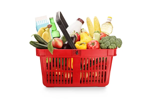 Red Shooping Basket Full Products Isolated White Background — Stock Photo, Image