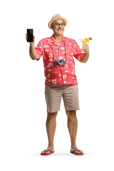 Full Length Portrait Mature Male Tourist Holding Cocktail Smartphone Isolated — Foto de Stock