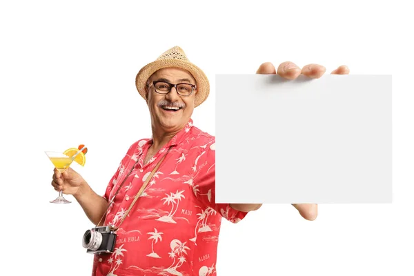 Happy Mature Male Tourist Holding Cocktail Showing Blank Card Isolated — Stock fotografie