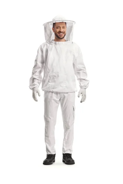 Full Length Portrait Young Male Bee Keeper Uniform Isolated White — Stockfoto