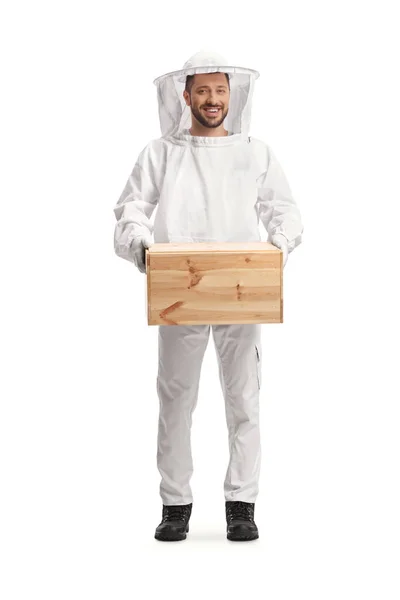 Full Length Portrait Young Male Bee Keeper Uniform Holding Wooden — Stock Photo, Image