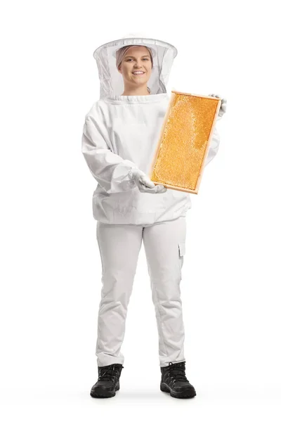 Full Length Portrait Young Female Bee Keeper Uniform Holding Honeycomb — Stock Photo, Image