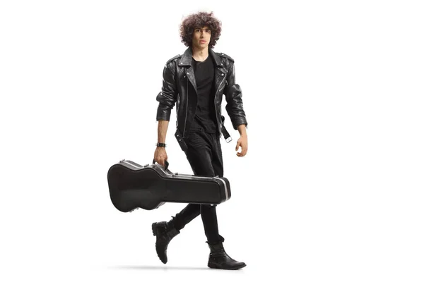 Full Length Portrait Young Rock Musician Carrying Guitar Black Case — Φωτογραφία Αρχείου