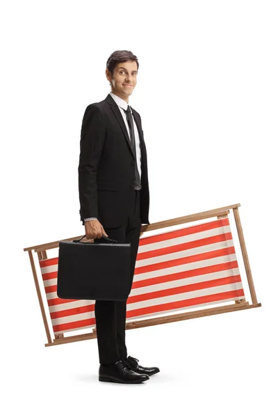 Businessman Carrying Beach Chair Briefcase Isolated White Background — Φωτογραφία Αρχείου