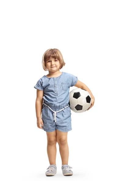 Full Length Portrait Little Girl Holding Football Isolated White Background — Φωτογραφία Αρχείου
