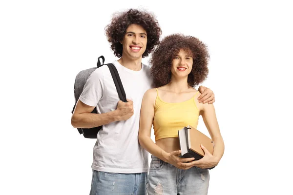 Male Female Students Curly Hair Books Backpack Smiling Camera Isolated — Stockfoto